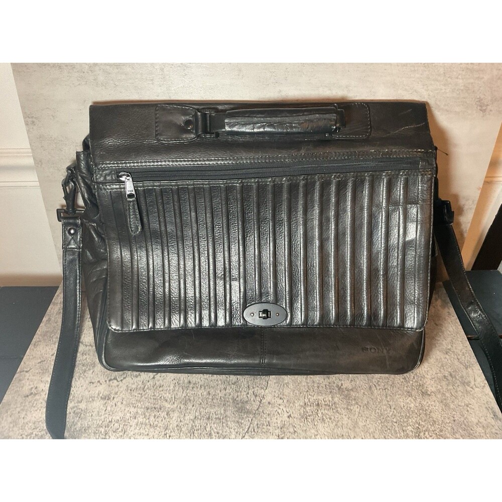 Vintage Sony Black Genuine Leather Laptop Briefcase Messenger Bag Pockets